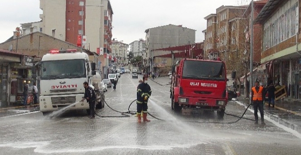 Ahlat'ta caddeler ilaçlı suyla dezenfekte ediliyor